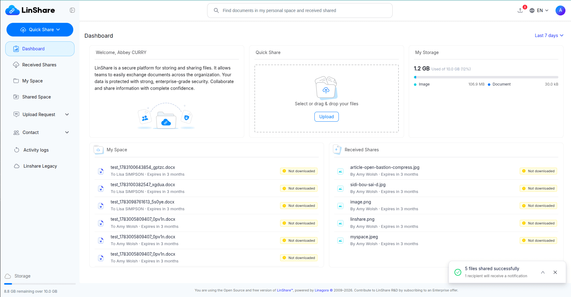 LinShare Dashboard - secure file sharing platform