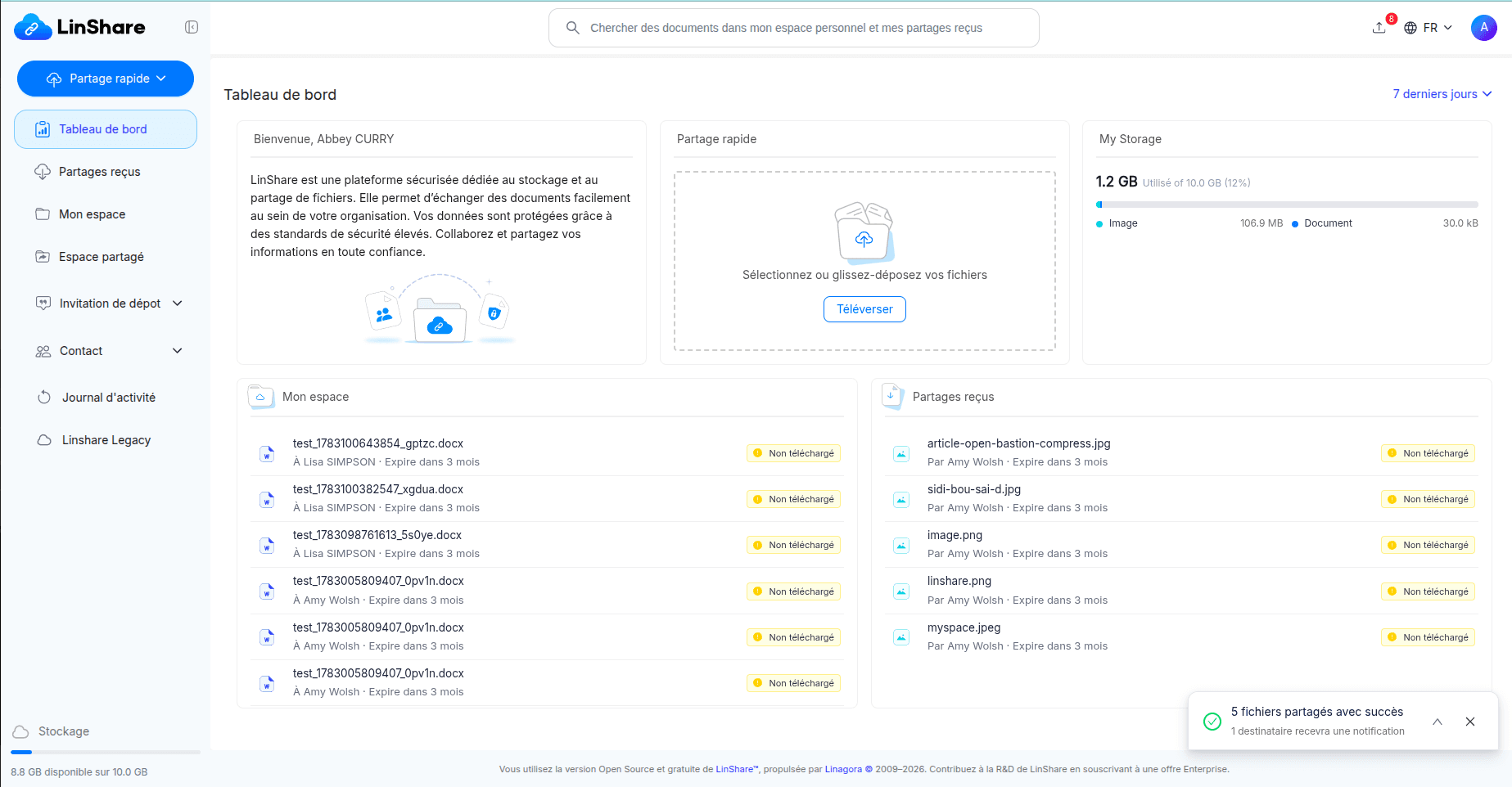 Tableau de bord LinShare, plateforme de partage de fichiers sécurisé